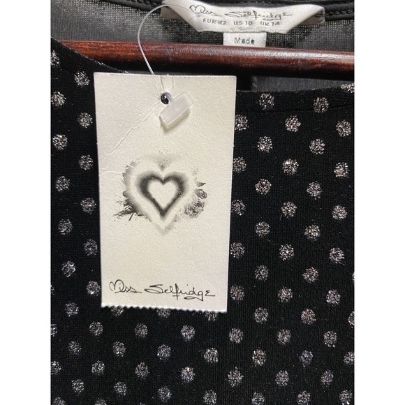 Glittering Silver Dots On Black W/Leg Of Mutton Sleeves By Miss Selfridge SZ 10 - Picture 3 of 6